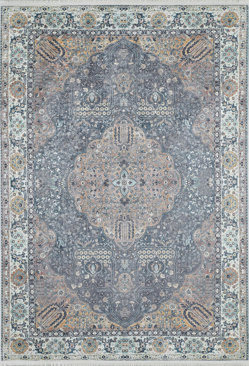 Load image 1 in gallery view. The Royal Sultan - Washable Rug - JR1970 features a Persian-style central medallion in blue, grey, and beige with detailed floral and geometric patterns—washable and ideal for allergy-sensitive homes.