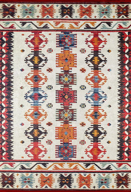 Load image 1 in gallery view. The Rustic Refrain - Washable Rug - JR149 is a flat weave, multicolor rug with geometric shapes in red, orange, blue, yellow, and black on a cream background, featuring symmetrical designs and bold end borders.