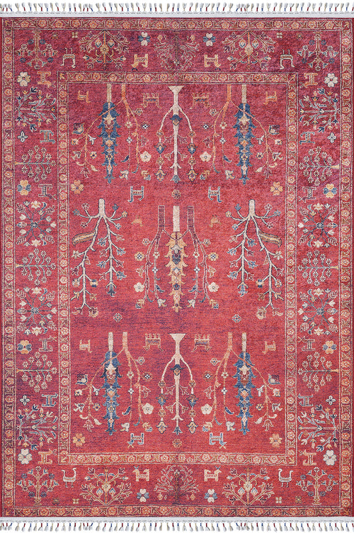 Load image 1 in gallery view. The Rustic Retreat - Washable Rug - JR5095 features a red base with detailed blue, yellow, and beige floral and vine patterns, bordered by elegant motifs and white fringe—ideal as a washable rug for high-traffic spaces.