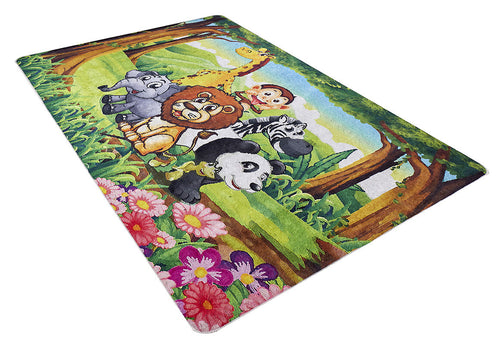 Load image 1 in gallery view. The Safari Buddies - Machine-Washable Rug JRC041 features cartoon jungle animals like a lion, elephant, giraffe, zebra, monkey, and panda among trees and flowers on a cheerful white background. Rectangular and durable—perfect for high-traffic areas.
