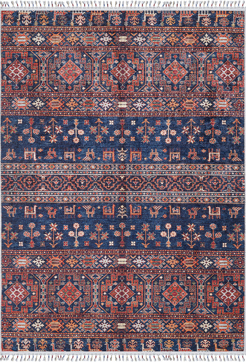 Bild 1 in Galerieansicht laden. The Sahara Sunrise - Washable Rug - JR5091 is a rectangular washable rug with geometric, floral, and animal motifs in blue, red, white, and orange. It’s ideal for high-traffic areas and features horizontal rows with tassels at each end.