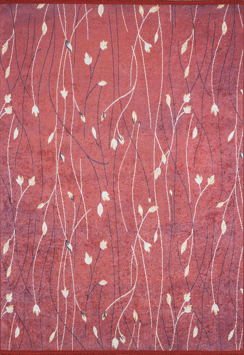 Bild 1 in Galerieansicht laden. The Secret Garden - Washable Rug - JR1656 features a red background with thin, wavy lines and scattered cream and yellow leaves. Its washable design offers a flowing, organic look ideal for high-traffic areas.