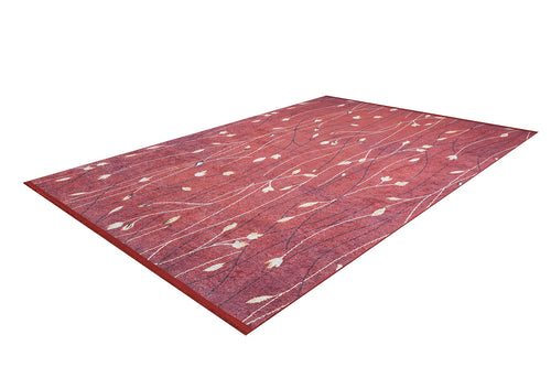 Bild 1 in Galerieansicht laden. The Secret Garden - Washable Rug - JR1656 is a rectangular red rug with thin wavy white lines and scattered beige leaves, designed for high-traffic areas and shown from an angled overhead view.