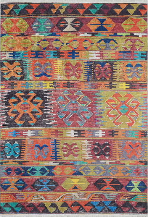 Load image 1 in gallery view. The Serene Sahara - Washable Rug - JR1959 features vibrant horizontal bands of geometric shapes and zigzags in red, orange, yellow, blue, green, and black. Its intricate design is perfect for adding style to high-traffic areas.