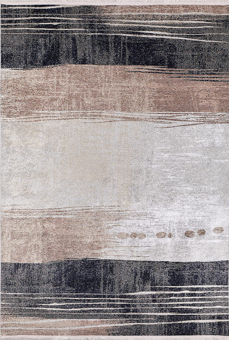 The Serene Swirls - Washable Rug - JR952 features abstract horizontal stripes in black, gray, cream, and beige with textured brushstroke patterns and circular dots on the right—ideal for high-traffic spaces.