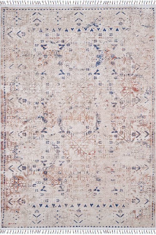 Load image 1 in gallery view. The Shangri-La - Washable Rug - JR5042 is a beige area rug with a faded blue and rust distressed pattern, subtle geometric and floral motifs, fringed edges, and an allergy-sensitive washable design for easy care.
