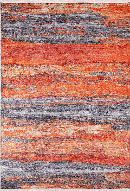 Load image 1 in gallery view. The Sleek Brushed - Washable Rug - JR431 features horizontal streaks in orange, red, and gray for a textured, sunset-inspired look—durable and perfect for high-traffic areas.