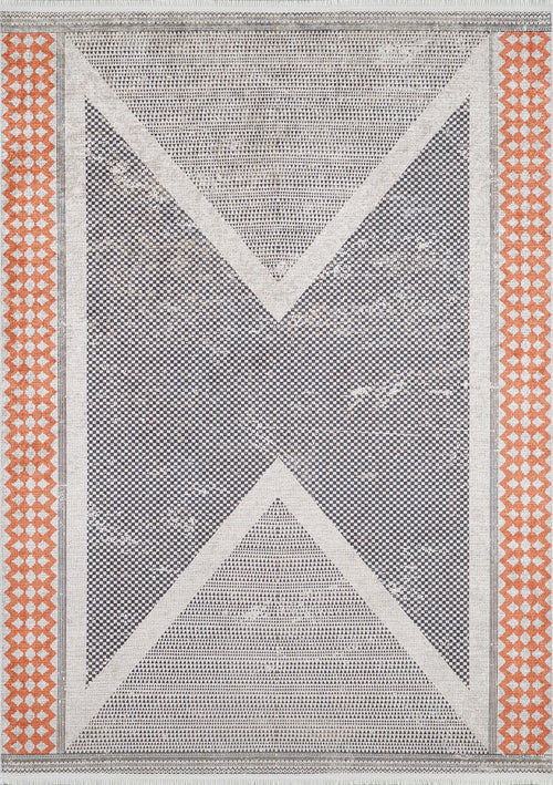 Load image 1 in gallery view. The Sleek Design - Washable Rug - JR1727 showcases a gray and white geometric X pattern, accented with orange diamond borders and a subtle dotted texture, perfect for high-traffic spaces.