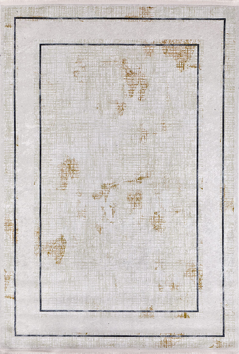 The Sleek and Contemporary - Washable Rug - JR1365 features a light beige base, slim dark edging, gold-brown distressed accents, and is ideal for allergy-sensitive homes wanting a touch of vintage style.