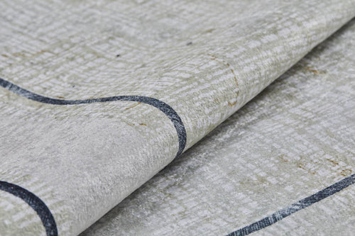 Load image 1 in gallery view. A close-up of the Sleek and Contemporary - Washable Rug - JR1365 shows its light gray textured fabric with a subtle grid pattern and dark curved line—ideal for allergy-sensitive homes wanting a clean, modern look.