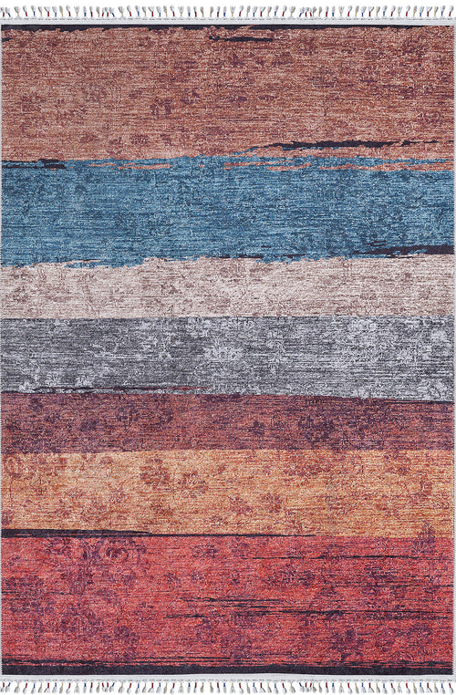 Load image 1 in gallery view. The Soft Brushed - Washable Rug - JR5056 features multicolor horizontal stripes in red, orange, blue, gray, and beige. Its distressed look and short white fringe make it a stylish option for high-traffic areas.