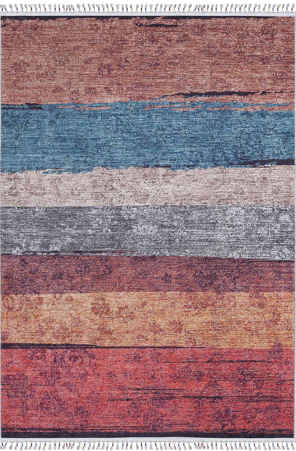 The Soft Brushed - Washable Rug - JR5056 features multicolor horizontal stripes in red, orange, blue, gray, and beige. Its distressed look and short white fringe make it a stylish option for high-traffic areas.