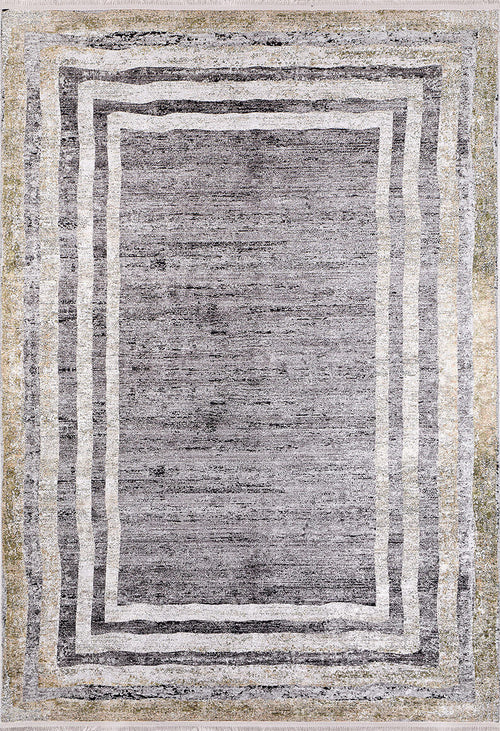 Load image 1 in gallery view. The Sophisticated Trellis - Washable Rug (JR1194) features a textured gray center, three uneven white and beige borders, and muted gold and olive edges. Perfect for allergy-sensitive homes and high-traffic areas.