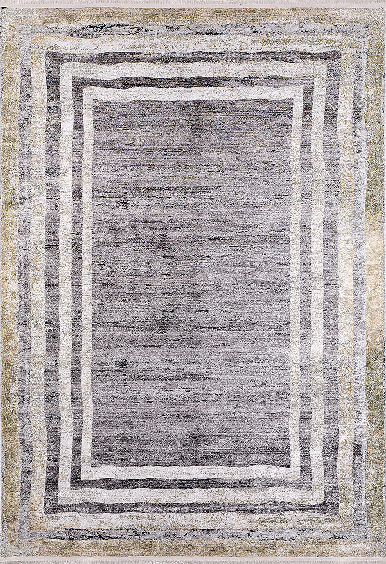 The Sophisticated Trellis - Washable Rug (JR1194) features a textured gray center, three uneven white and beige borders, and muted gold and olive edges. Perfect for allergy-sensitive homes and high-traffic areas.