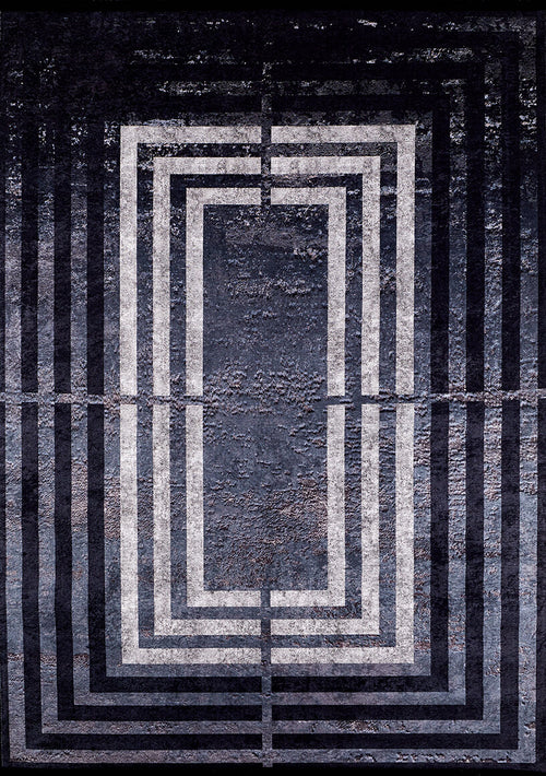 Load image 1 in gallery view. The Sophisticated and Chic - Washable Rug - JR1409 features a flat weave with white and black geometric rectangular outlines on a dark, textured background for a modern look.