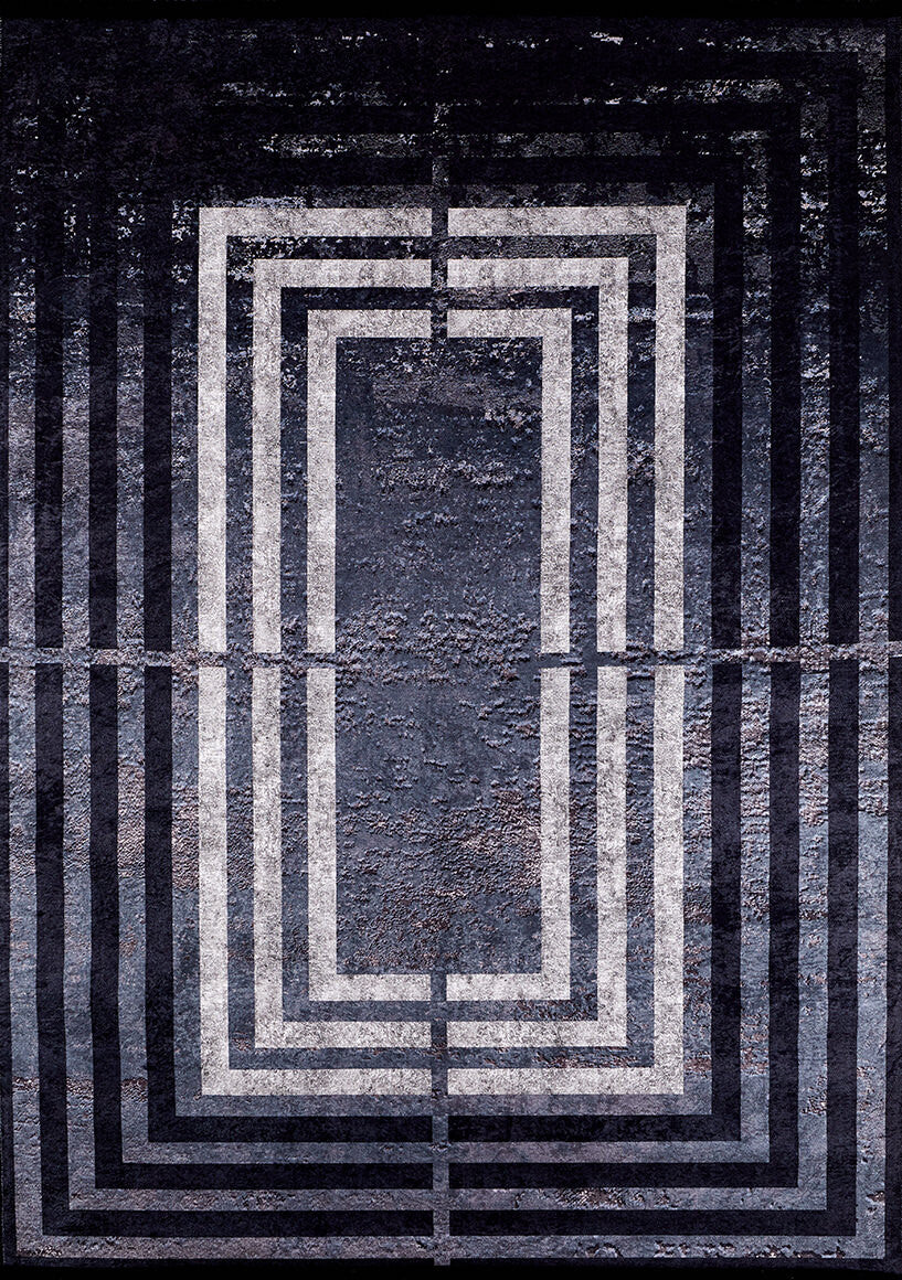 The Sophisticated and Chic - Washable Rug - JR1409 features a flat weave with white and black geometric rectangular outlines on a dark, textured background for a modern look.