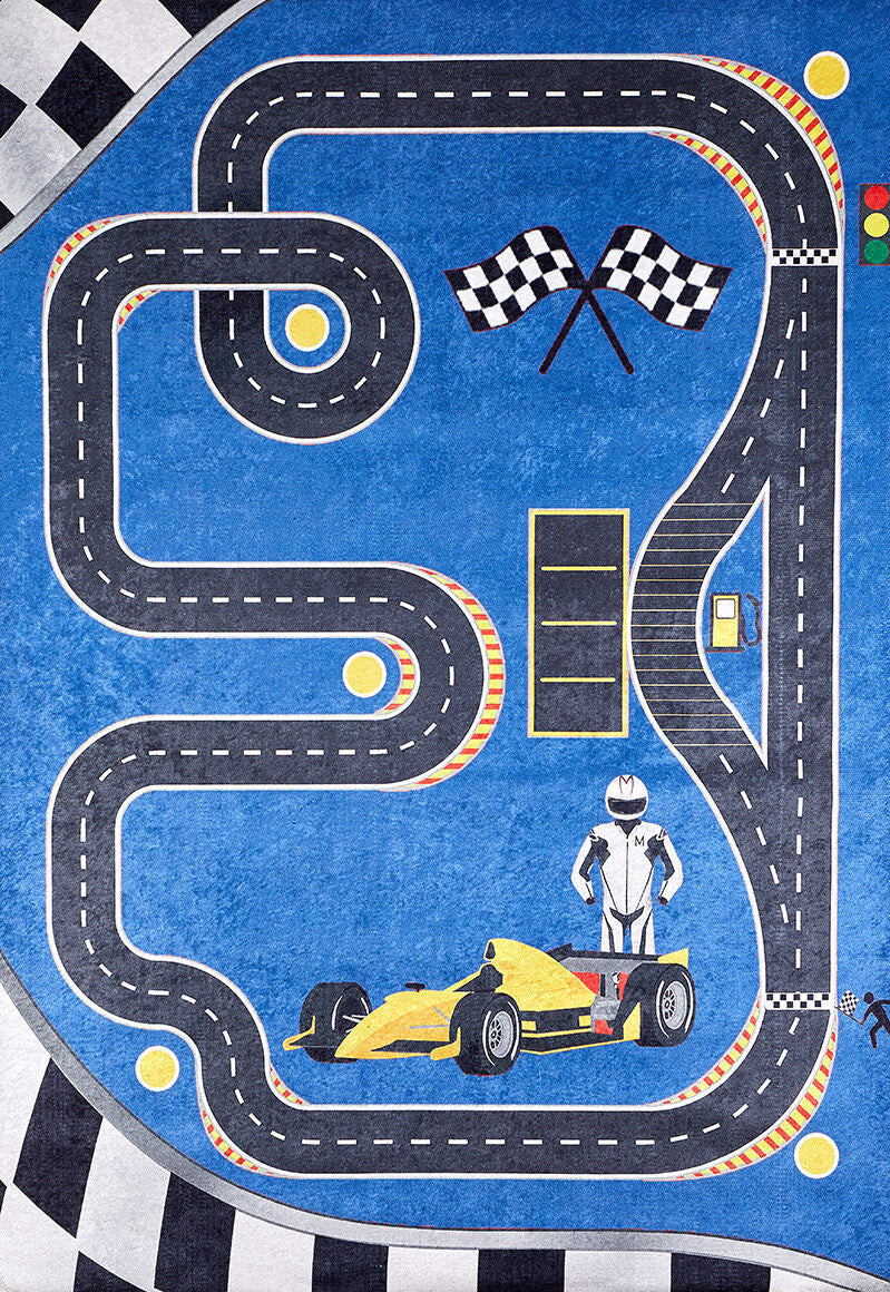 The Speedway Sprouts - Machine-Washable Rug JRC068 is blue with a racetrack, yellow race car and driver, checkered flags, gas pump, traffic light, and a checkered border—ideal for high-traffic spots and easy to clean since it's washable.