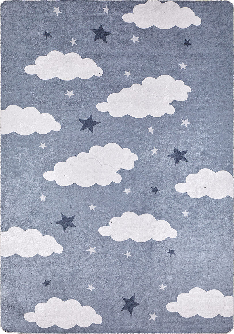 The Starry Cloudscape - Machine-Washable Rug JRC045 showcases a blue-gray background with white clouds and dark blue stars in various sizes, creating a whimsical sky-themed design ideal for modern spaces.
