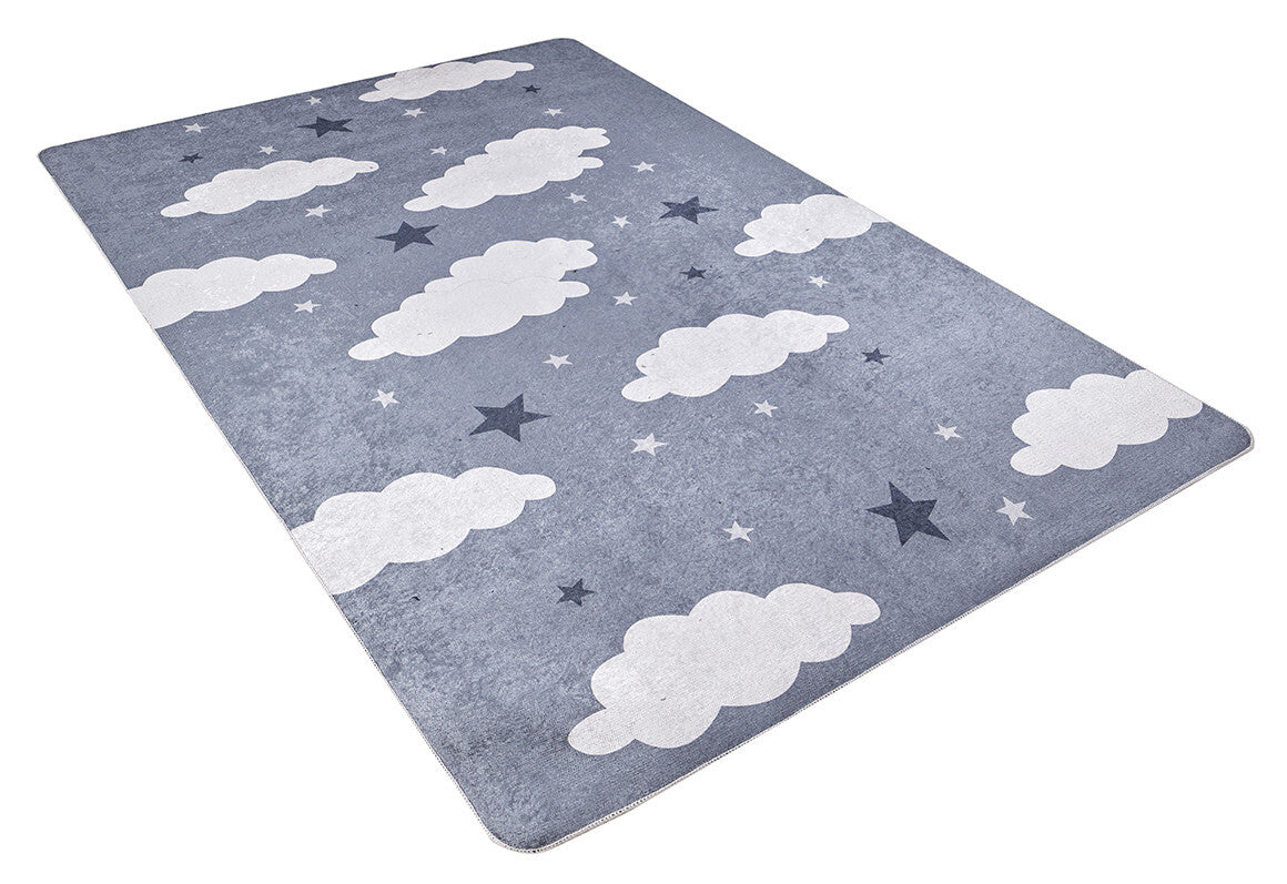 The Starry Cloudscape - Machine-Washable Rug JRC045 features a gray background with white clouds and dark blue stars, combining style and practicality—perfect for any kids’ room.