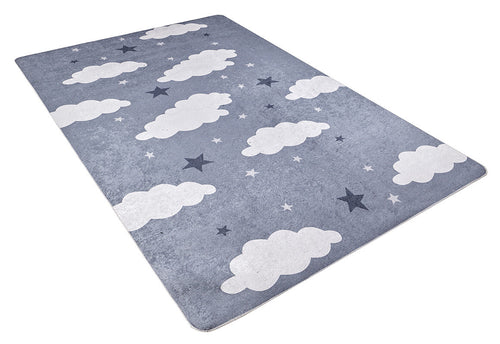 Load image 1 in gallery view. The Starry Cloudscape - Machine-Washable Rug JRC045 features a gray background with white clouds and dark blue stars, combining style and practicality—perfect for any kids’ room.