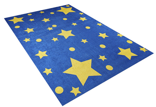Load image 1 in gallery view. The Starry Dreams - Machine-Washable Rug JRC004 is a blue rug adorned with yellow stars and circles, ideal for allergy-sensitive spaces.