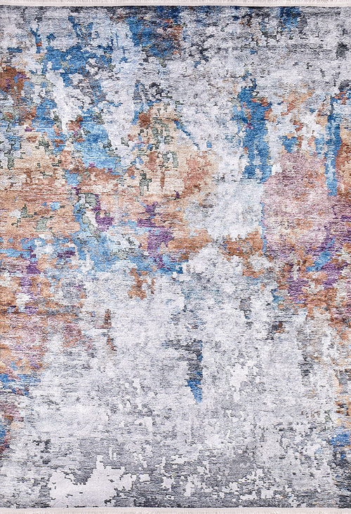 Load image 1 in gallery view. The Striking Statements - Washable Rug - JR786 features a multicolor abstract, painterly pattern in blue, orange, beige, and gray. This modern flat weave rug adds artistic flair to any space and is both stylish and practical.