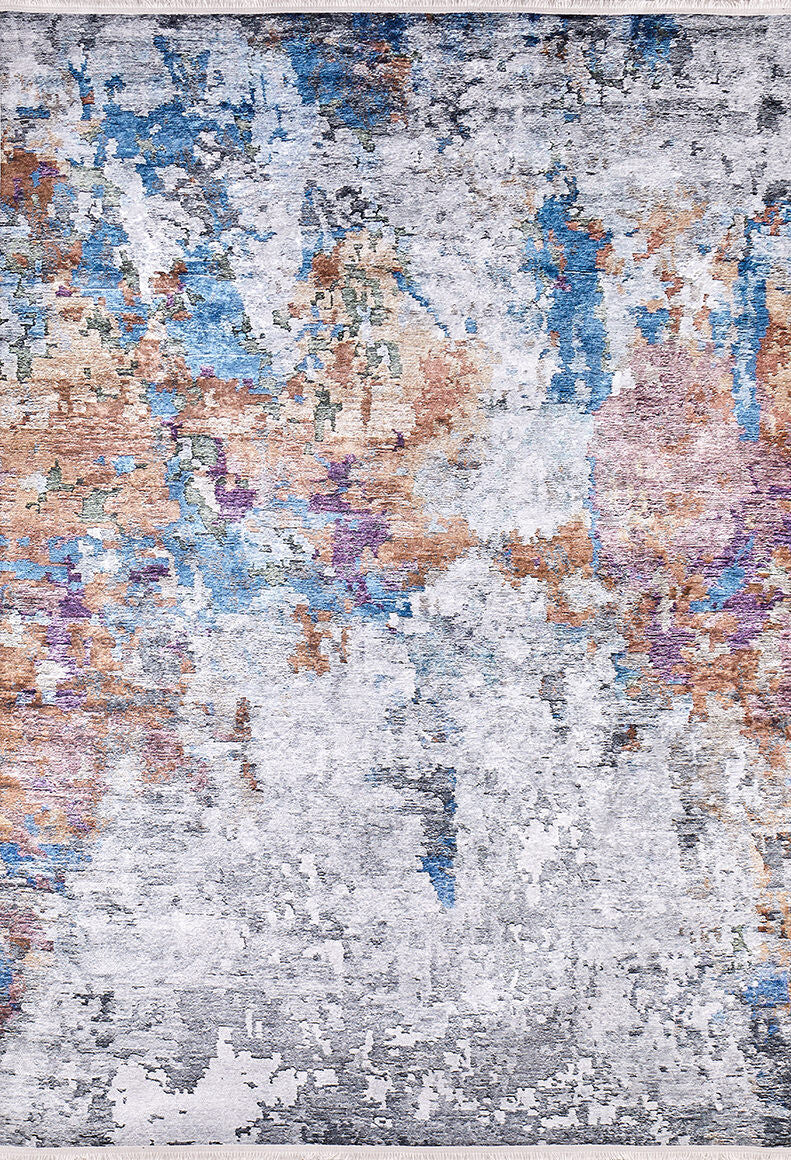 The Striking Statements - Washable Rug - JR786 features a multicolor abstract, painterly pattern in blue, orange, beige, and gray. This modern flat weave rug adds artistic flair to any space and is both stylish and practical.