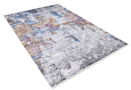 Load image 1 in gallery view. The Striking Statements - Washable Rug - JR786 features a rectangular, multicolor abstract design in blue, grey, white, and brown with pixelated textures for a modern look. Easy to maintain and artistically styled, shown on a white background.