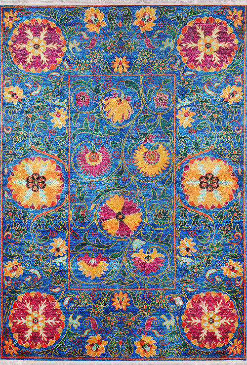Load image 1 in gallery view. The Summer Bouquet - Washable Rug - JR1358 is a vibrant rectangular blue rug with a rich background, featuring swirling vine patterns and colorful floral motifs, bordered by matching smaller florals—ideal for high-traffic areas.