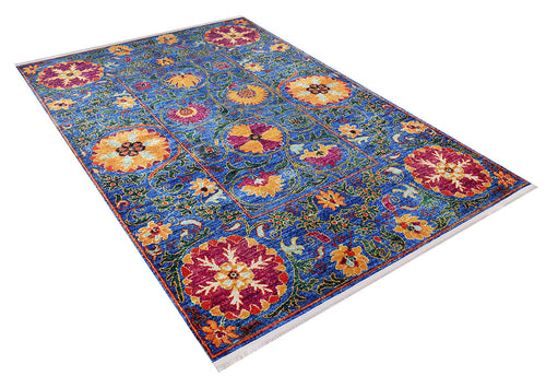 Load image 1 in gallery view. The Summer Bouquet - Washable Rug - JR1358 features a blue background with red, yellow, and orange floral patterns, circular medallions, and decorative borders—ideal for high-traffic spaces.