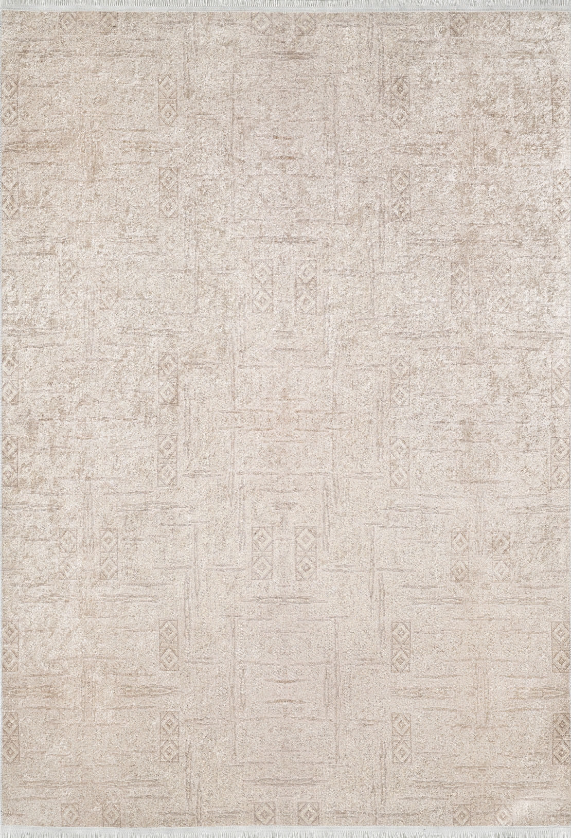The Sunset Fade - Washable Rug - JR1878 is a large, rectangular cream and beige rug with a subtle geometric, tribal-inspired pattern of faint lines and diamonds, a soft texture, light fringe, and is perfect for high-traffic areas.