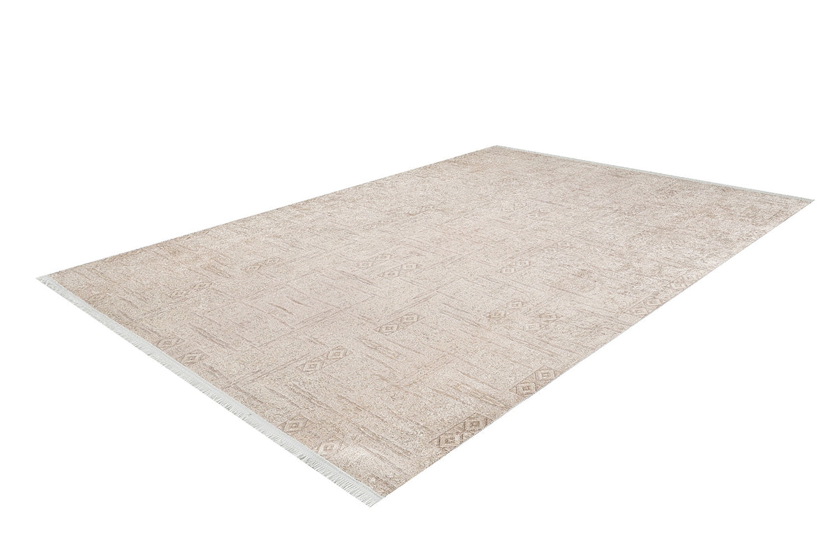 The Sunset Fade - Washable Rug - JR1878 is a large, rectangular cream and beige rug with a subtle geometric pattern and short white fringe on the ends, perfect for high-traffic areas and shown on a white background.