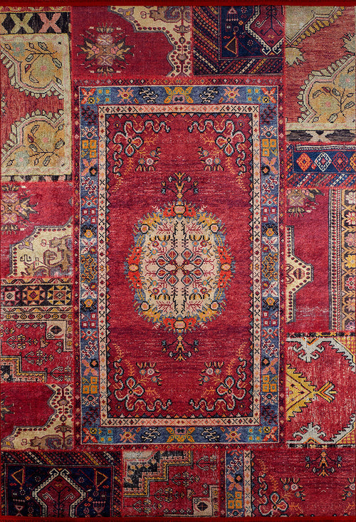 Bild 1 in Galerieansicht laden. The Tapestry Tango - Washable Rug - JR313 features a vibrant patchwork with cream, blue, green, and yellow floral and geometric motifs on a bold red center—durable and perfect for high-traffic spaces.