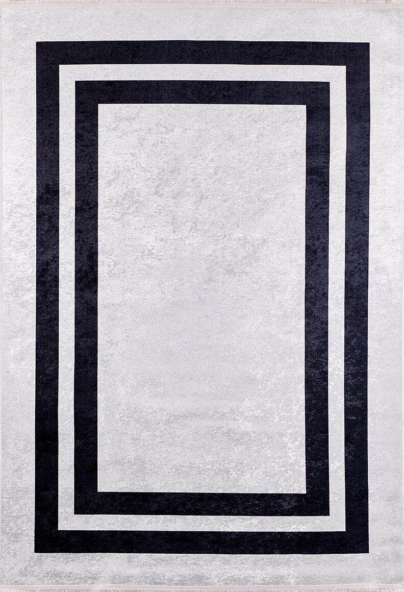 The Timeless Border - Washable Rug - JR572 features a light gray background with two bold black rectangular borders, creating a modern geometric look. Durable and easy to clean, it’s perfect for contemporary spaces.
