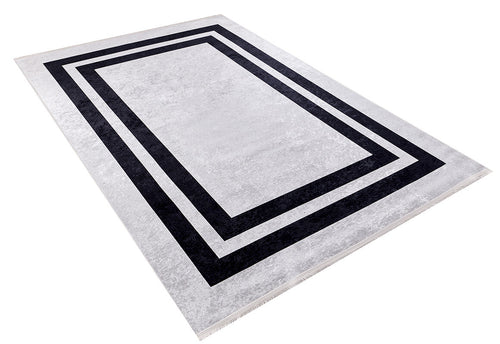 Load image 1 in gallery view. The Timeless Border - Washable Rug - JR572 features a rectangular, durable design with a light gray background and two concentric black borders for a modern geometric look. Shown angled on a white background.