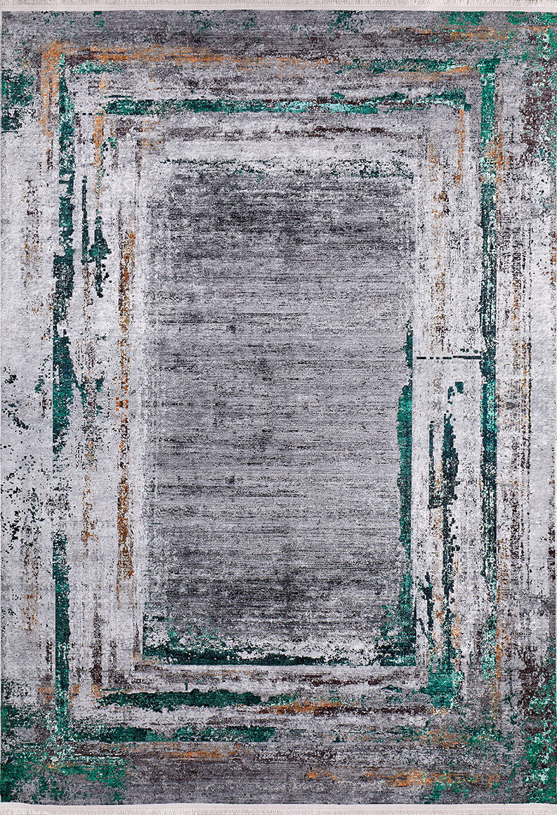 The Traditional and Classic - Washable Rug - JR1543 is a rectangular flat weave with a distressed, abstract design in gray, teal, and brown tones. It features layered rectangular borders, a weathered look, and is allergy-friendly.