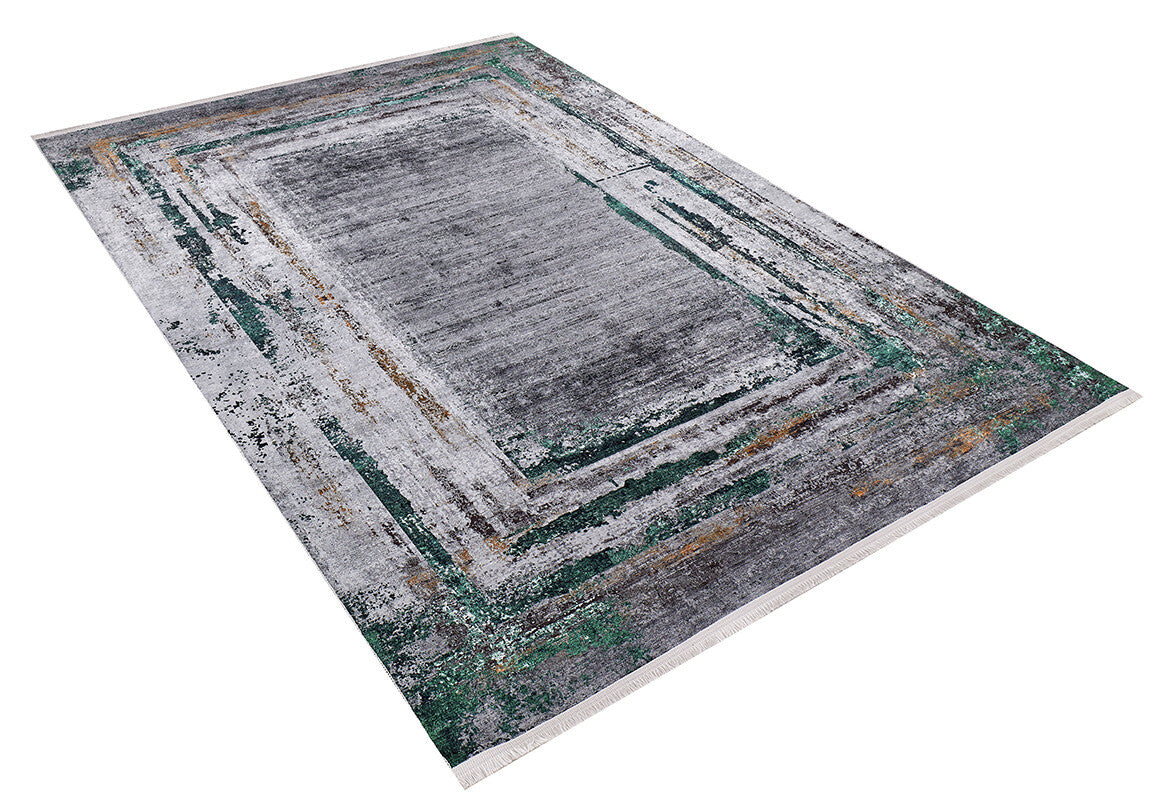 The Traditional and Classic - Washable Rug - JR1543 features a soft, allergy-friendly texture with a distressed, layered border in gray, green, and brown tones. Its modern abstract pattern appears on a rectangular rug shown against a white background.