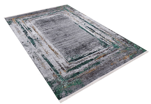 Load image 1 in gallery view. The Traditional and Classic - Washable Rug - JR1543 features a soft, allergy-friendly texture with a distressed, layered border in gray, green, and brown tones. Its modern abstract pattern appears on a rectangular rug shown against a white background.