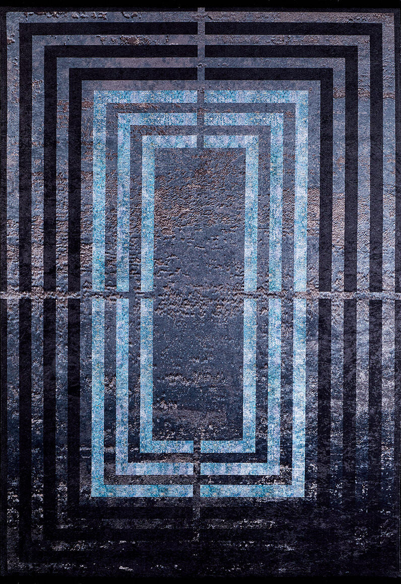 The Traditional and Timeless - Washable Rug - JR1408 features layered, rectangular blue and black geometric patterns for a tunnel-like effect, offering a weathered, durable look that's perfect for high-traffic areas.