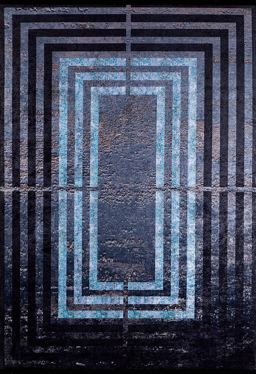 Bild 1 in Galerieansicht laden. The Traditional and Timeless - Washable Rug - JR1408 features layered, rectangular blue and black geometric patterns for a tunnel-like effect, offering a weathered, durable look that's perfect for high-traffic areas.