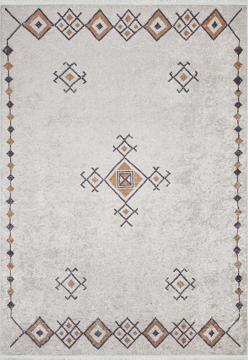 Load image 1 in gallery view. The Tribal Tassel - Washable Rug - JR1683 is a rectangular cream and beige rug with a light background, featuring geometric diamond patterns in brown, gold, and black—ideal for high-traffic areas.