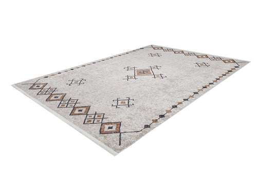 Load image 1 in gallery view. The Tribal Tassel - Washable Rug - JR1683 is a rectangular cream and beige rug with a light background, featuring geometric patterns in brown, tan, and black along the edges—perfect for high-traffic areas.