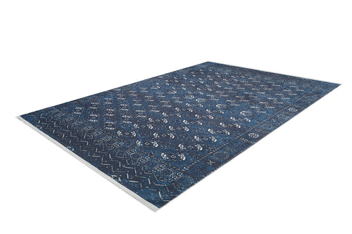 Load image 1 in gallery view. The Tribal Trail - Washable Rug - JR1939 is a rectangular blue rug featuring detailed white geometric and floral designs, displayed on a white background—ideal for high-traffic areas.