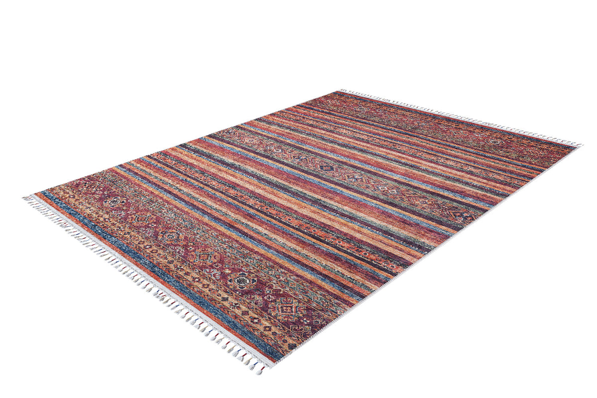The Tropic Thunder - Washable Rug - JR5077 (Outlet) is a colorful, rectangular rug with horizontal stripes in red, orange, blue, and cream, featuring geometric patterns and fringe. Durable and washable, it’s ideal for high-traffic areas.