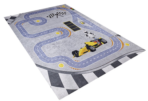 Load image 1 in gallery view. The Turbo Tracks - Machine-Washable Rug JRC089 is a rectangular, washable rug featuring a winding racetrack with a yellow race car, checkered flags, and road details on a gray-anthracite background for stylish durability in high-traffic areas.