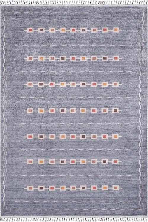 Load image 1 in gallery view. The Tuscan Villa - Washable Rug - JR5058 is a rectangular gray-anthracite rug with cream fringe edges and rows of small muted red, yellow, and brown squares. It’s designed for high-traffic areas and easy machine washing.