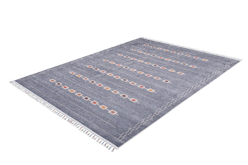 Load image 1 in gallery view. The Tuscan Villa - Washable Rug - JR5058 is a rectangular blue rug with white fringe, rows of colorful square patterns, and subtle white stitched lines—durable, stylish, and perfect for high-traffic areas.
