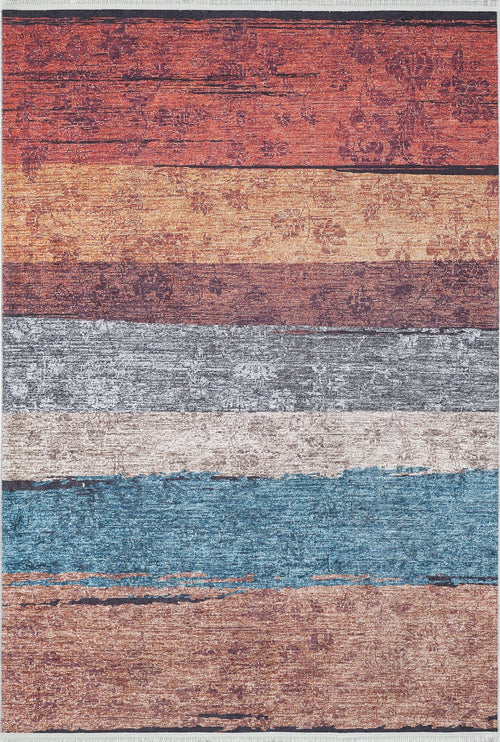 Load image 1 in gallery view. The Urban Edge - Washable Rug - JR2005 is a rectangular multicolor rug with horizontal distressed stripes in red, orange, brown, gray, blue, and teal. It features a textured, weathered look and durable flat weave construction.