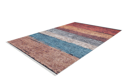 Load image 1 in gallery view. The Urban Edge - Washable Rug - JR2005 is a multicolor flat weave area rug with horizontal stripes in rust, blue, gray, and brown. It features a textured, distressed pattern and fringed edges, shown on a white background.