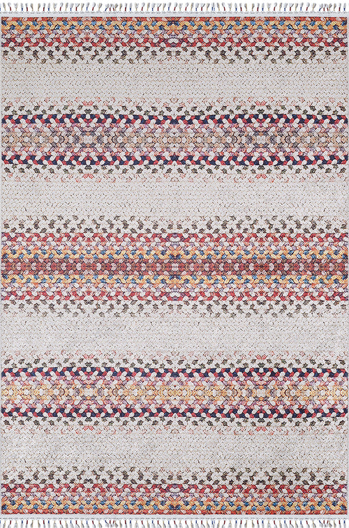 Bild 1 in Galerieansicht laden. The Vibrant Rainbow - Machine-Washable Rug (JR5001) features horizontal rows of colorful patterns in red, orange, blue, brown, and cream on a light background, with fringed ends—ideal for high-traffic areas.